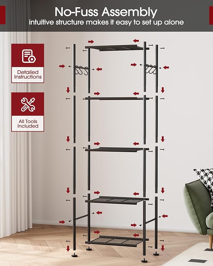 Sakugi Storage Shelves - 5-Tier Large Capacity Shelf Organizer with Hooks, Heavy-Duty Garage Shelving with Leveling Feet, Wobble-Free Rack for Bedroom, Balcony, Garage, 18.1"×12.4"×56.8", Black