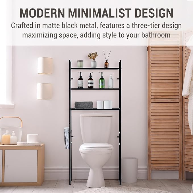 MyGift 3 Tier Over The Toilet Storage, Freestanding Bathroom Organizer Shelf, Above Toilet Rack with Removable Magazine Holder Basket, Black Metal Cabinet for Laundry Space Saver, 26.4x7.8x63.6 Inch
