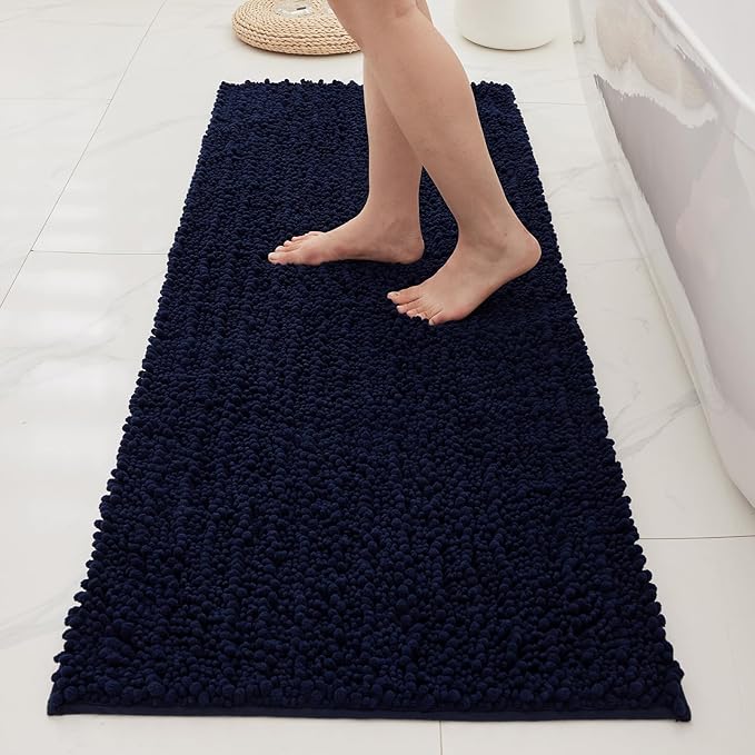 Bathroom Rugs Non Slip Washable 70x24, Extra Thick Soft Chenille Absorbent Bath Mat, High Density Barrier Non Slip Backing, Quick Dry Plush Shaggy Floor Carpet for Tub&Shower, Navy