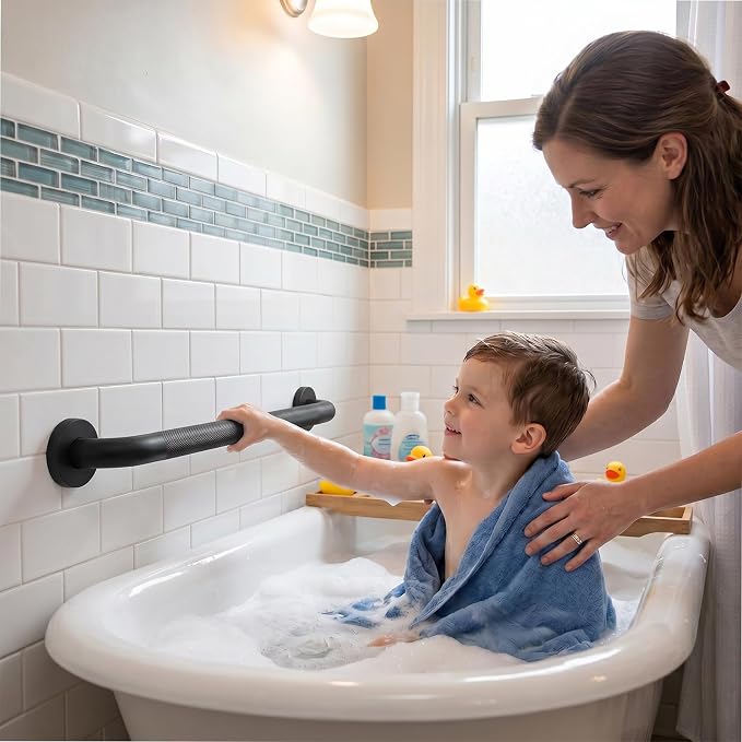 20 Inch Black Shower Grab Bar for Seniors,1.25'' Diameter 304 Stainless Steel Heavy Duty Anti-Slip Bathroom Safety Handicap Grab Bar for Shower, Bathtub & Toilet, Wall Mounted, Supports 500lbs