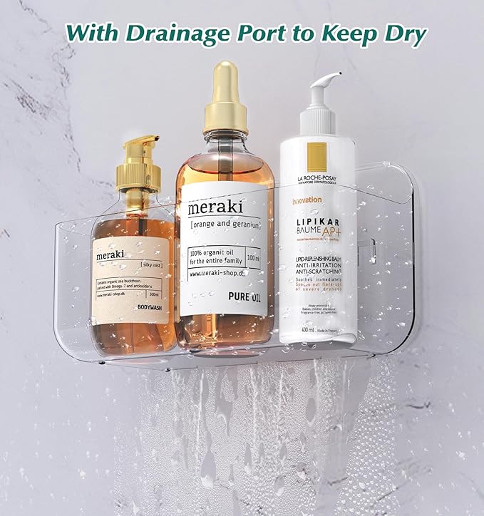 Shower Shelves 5 Pack Clear Acrylic Bathroom Organizer Caddy | Large Capacity, Adhesive Shower Caddy with Soap Holder and Hooks, Waterproof and Rustproof, Multiple Drainage Holes
