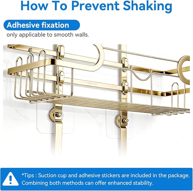 Shower Caddy Hanging, Over Head Shower Caddy Shower Storage Rack Basket with Hooks for Razor and Sponge Rustproof, No Drilling, Accessories for Bathroom and Kitchen, Gold