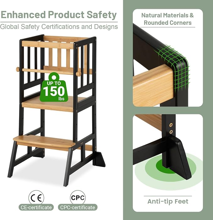 COSYLAND Toddler Standing Tower - Adjustable Height Toddler Kitchen Stool Helper - Kids Kitchen Step Stool for Learning with Removable Safety Railing Black&Natural