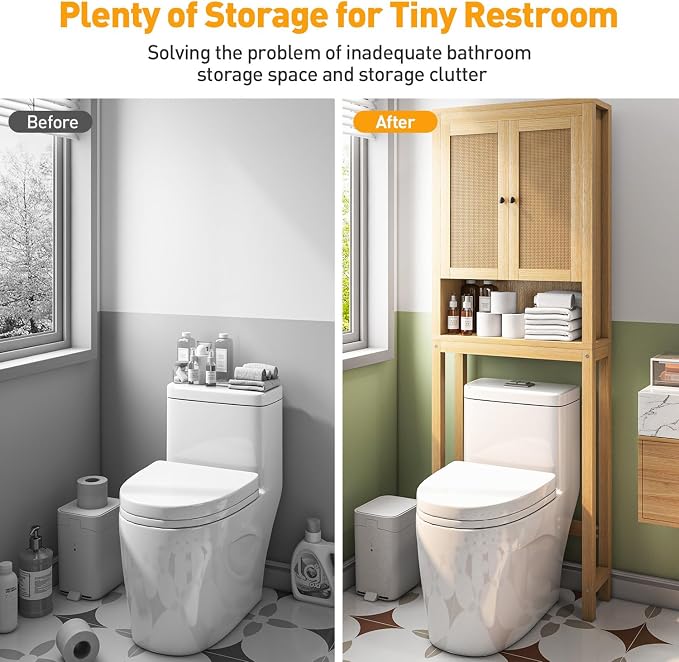 knoworld Rattan Over The Toilet Storage Cabinet, Above Toilet Bathroom Organizer with Adjustable Shelf, Behind Toilet Cabinet, Space Saver for Restroom, Bathroom, Laundry, Wood Rack, Natural