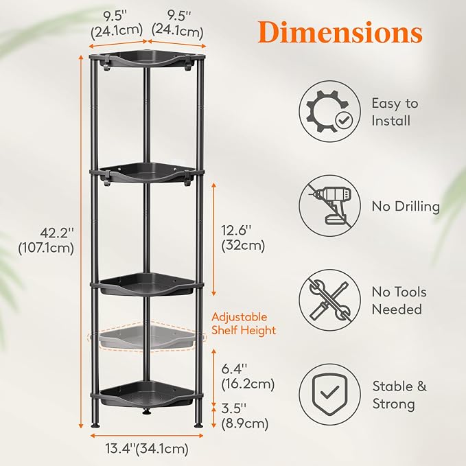 Lifewit Floor Standing Shower Caddy Corner, 4 Tier Plastic Shower Stand Rack with Adjustable Feet and Hooks, Rustproof Bathroom Shelf Organizer, Black, 34 x 24 x 107 cm/13 x 9.5 x 42 inch