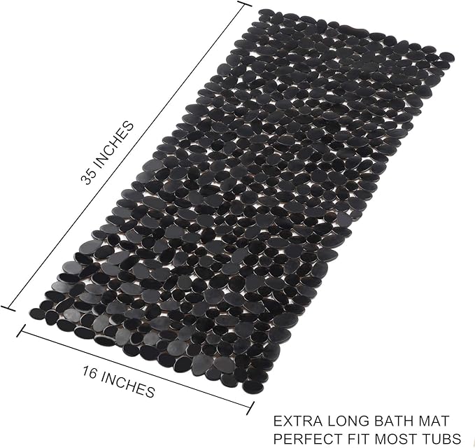 WELTRXE Non Slip Bathtub Mat 35 x 16 Inches Pebbles Shower Mats with Suction Cups, Drain Holes for Bathroom Showers, Tub, Machine Washable Bathroom Mats BPA, Latex Free Safe Tub Mats - Black