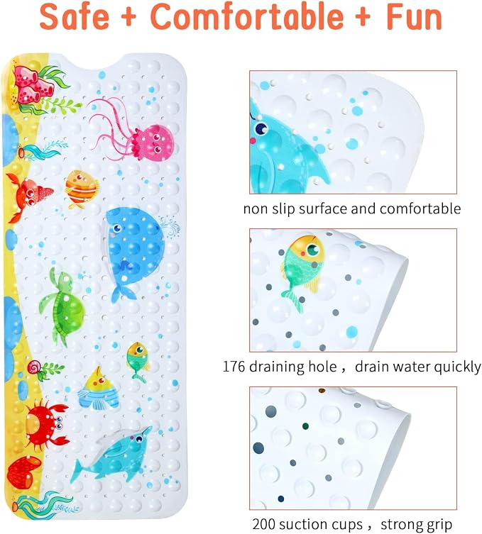 Secopad Bath Mat for Tub Non Slip, Machine Washable Anti-Slip Cartoon Baby Bathtub Shower Mat with Drain Holes and Suction Cups for Toddler & Kids, 40 Inch x 16 Inch-Rectangular, Little Whale