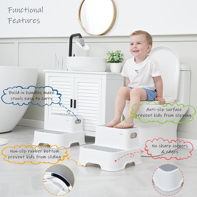 Harwaya Toddler Step Stool for Bathroom Sink 2 Pack, Kids Step Stools for Toilet Potty Training, Plastic Stepping Stool for Toddlers Child Kid Kitchen Bedroom Bed -White (Included Two Faucet Extender)
