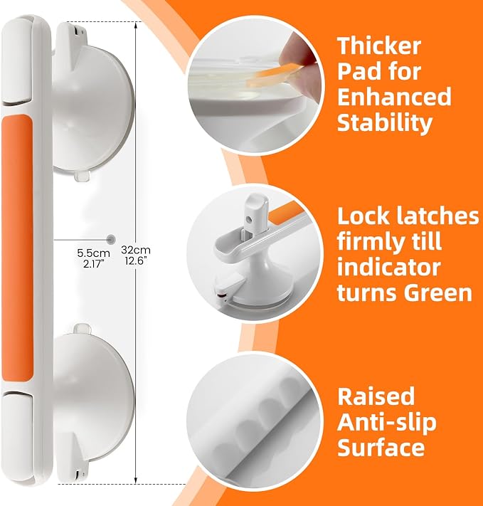 Grab Bar for Bathtubs and Showers, Zynuhmo 12'' Suction Safety Grab Bar with 1PCS Bath Ball Suction Cup Shower Handles No Drilling Handrails for Seniors Elderly Kids Bathroom Assist Support(Orange)