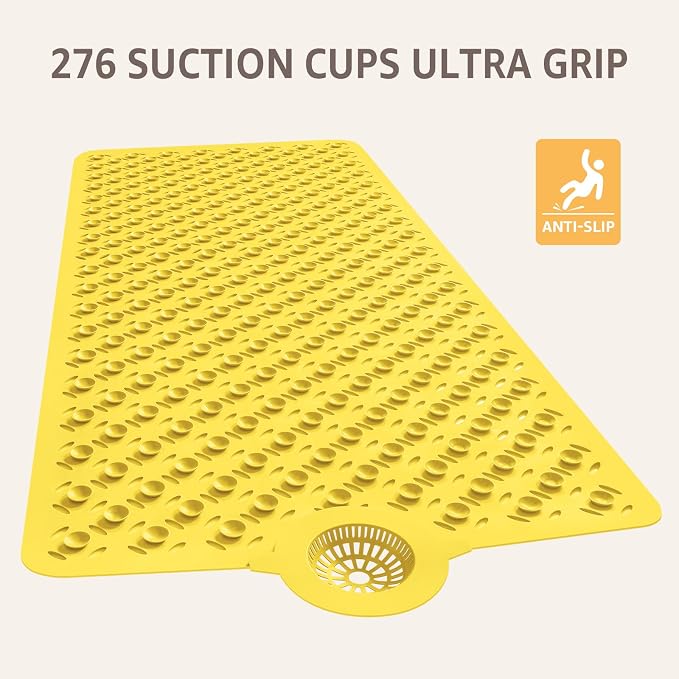 OTHWAY Bath Mat for Tub Non Slip: 39" X 17" Long Bathtub Mat with Hair Catcher│Big Drain Holes Shower Mats for Inside Shower│Machine Washable (Yellow)