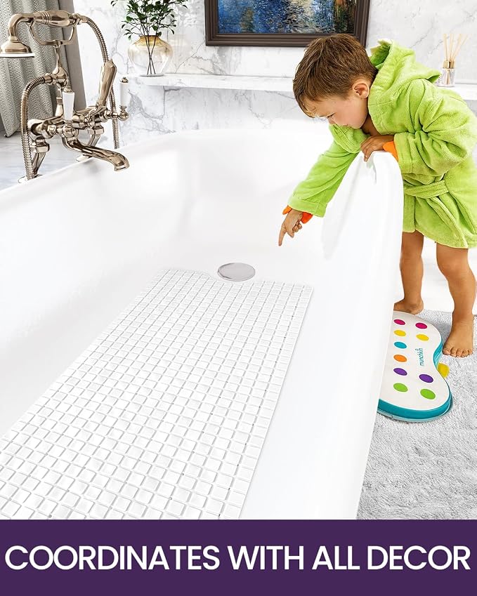 DEXI Bathtub Mat Non Slip, Extra Long 39x16, Suction Cups, Drain Holes, Machine Washable for Tub Shower Floor, White