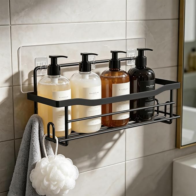 Shower Caddy Shelves Organizer Rack, Single Pack Shower Caddy,No Drilling Wall Mounted Self Adhesive Shower Shelves for Inside Shower, Matte Black