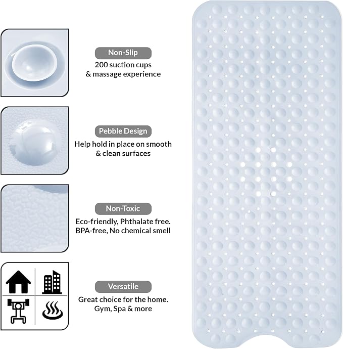LDC Bath Mat for Tub, Inside Shower Bathtub Mat with Drain Holes and Suction Cups, Anti Slip Bath Mat Inside Tub Extra Long, 40x16 - White