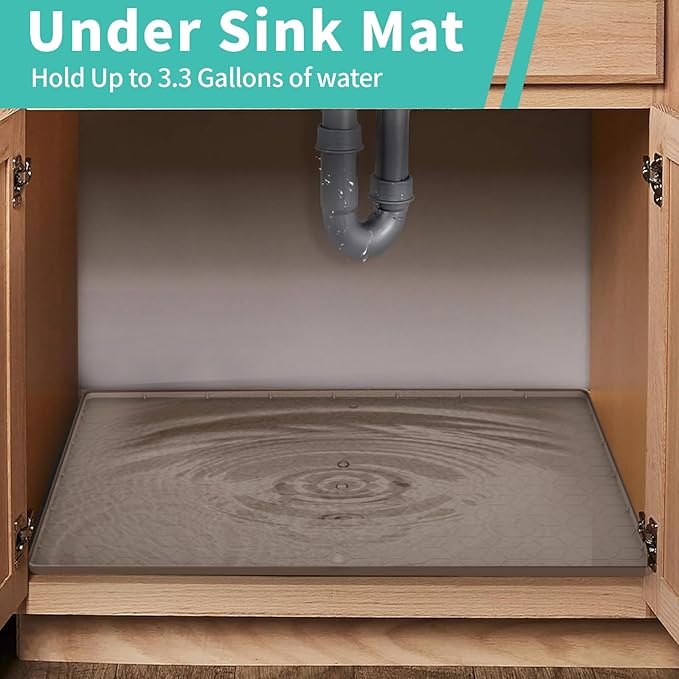 Under Sink Mat for Kitchen, Silicone Waterproof Liner with Drain Hole, Flexible Cabinet Organizer Tray, Holds Up to 3.3 Gallons, Easy to Clean (Brown, 34x22)