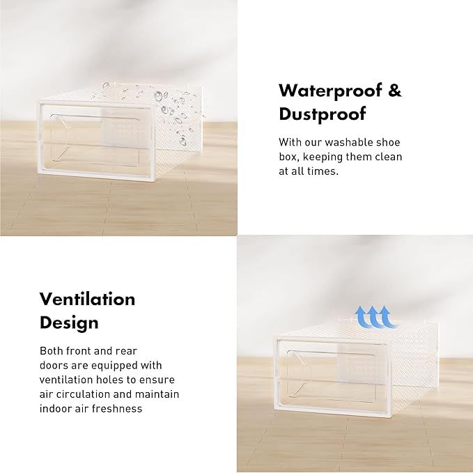 Foluck Shoe Storage Box, 15 Pack Clear Plastic Stackable Organizer for Closet, Interlocking Design Shoes Container Bins for Sneakers, Foldable Shoe Rack with Lids, White