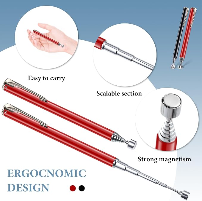 Patelai 2 Pieces Telescoping Magnetic Pick up Tool Grabbers Reacher Tools with Pocket Clip 25 Inch Telescopic Retrieving Magnet Gift for Man, Father, Mechanic, Handyman, Husband (Black,Red)