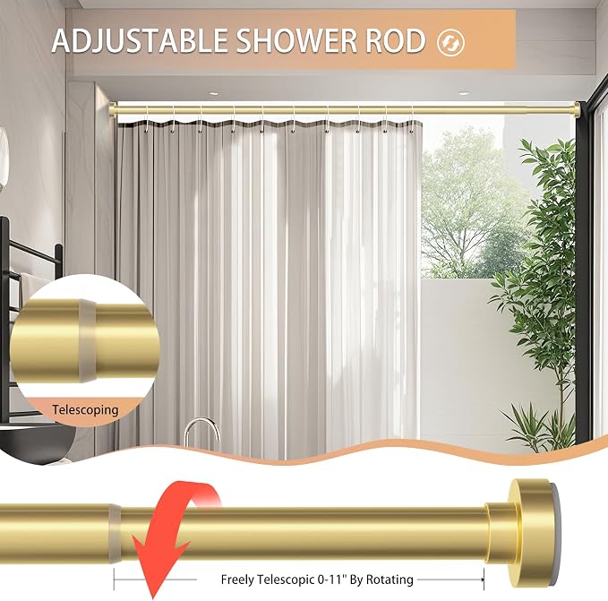 Gold Shower Curtain Rod 34-66 Inches(2.8-5.5ft) Never Rust Adjustable Shower Rod Spring Tension Non Slip No Drilling Shower Rods for Bathroom Garland Window