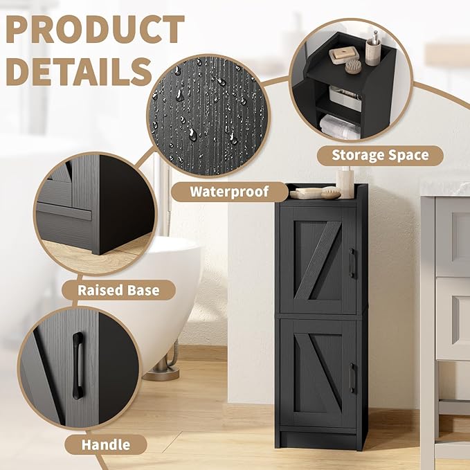 Narrow Bathroom Storage Cabinet with 2 Doors and Shelves, 9.8" W Small Storage Cabinet for Toilet Paper Storage, Slim Cabinet for Small Spaces, Bathroom, Kitchen, 9.8" W × 7.9" D × 29.5" H, Black