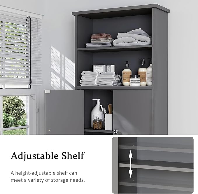 Over the Toilet Storage Cabinet for Bathroom, 75in Over Toilet Cabinet Freestanding Storage Organizer, Space Saver with Doors and Adjustable Shelf, Grey
