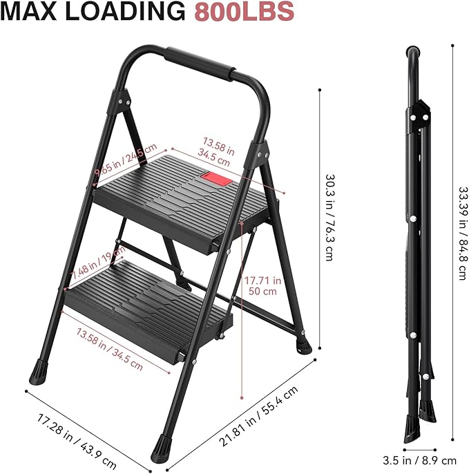 TOOLF 2 Step Ladder, Folding Step Stool with Anti-Slip Wide Pedals & Handrail, Safe-Lock Design, Portable Sturdy Steel Ladder Stool for Home & – Black