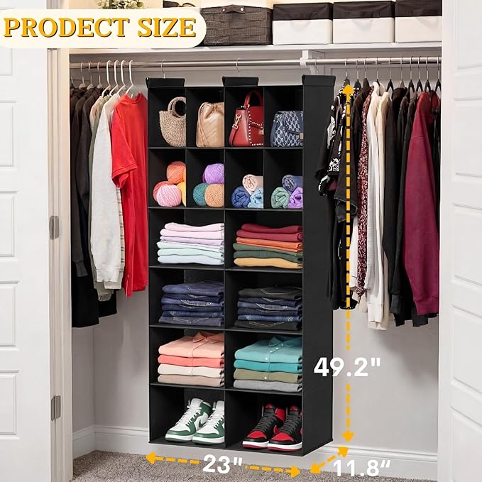 Ofiray-home 6 Tier Hanging Closet Organizer, 16 Compartments Sweater Organizer for Closet with 3 Sturdy Hooks, Closet Organizers and Storage, Wardrobe, Rv, Garment Rack, Black