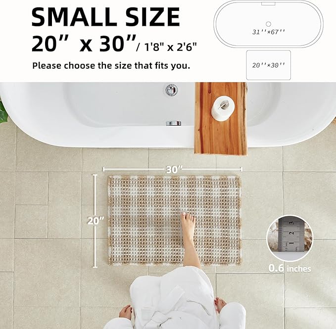 TYUU Waffle Bath Mat, Boho Bathroom Rugs Non Slip Washable Absorbent Checkered Bathroom Mat Quick Dry Farmhouse Bathroom Decor, 30"x20" Khaki and White