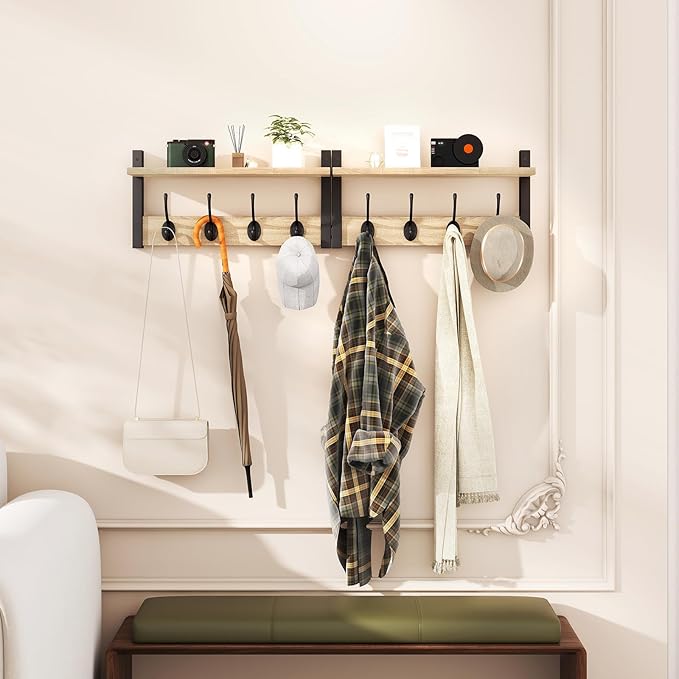 YMYNY 31.5" Coat Rack Wall Mount with Shelf, 2 in 1 Key and Coat Hanger with 8 Metal Hooks, Wall Shelf with Hooks & Mail Holder for Living Room, Bedroom, Light Natural, HWS001R-2