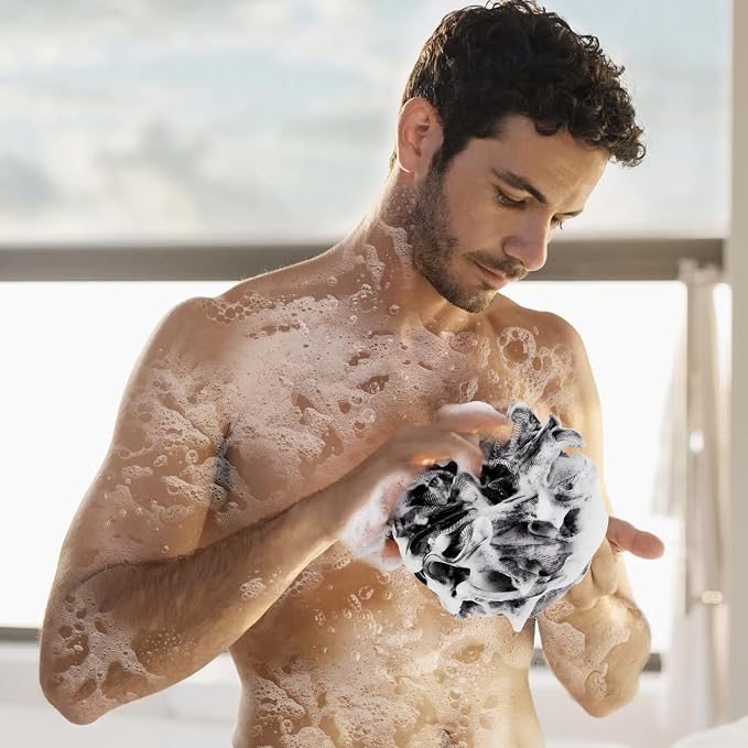 FARMOGA Bath Loofah Sponge Back Scrubber Shower Sponge Soft Mesh Exfoliator Pouf Shower Ball Bath Sponges for Women and Men Bath Accessories (4Pcs 50g Mix Black)