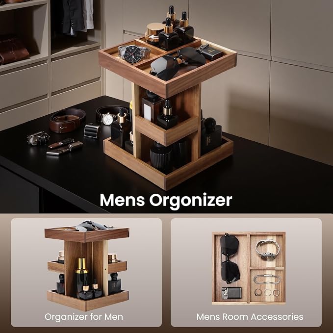 EXIN DECHEN Cologne Organizer for Men,Cologne Stand,3 Tier Wooden Perfume Shelf with Rotate,Desk Organizer,Gift for Dad From Wife,Husband Boyfriend Birthday Gift Ideas,Fathers Day Gift for Men