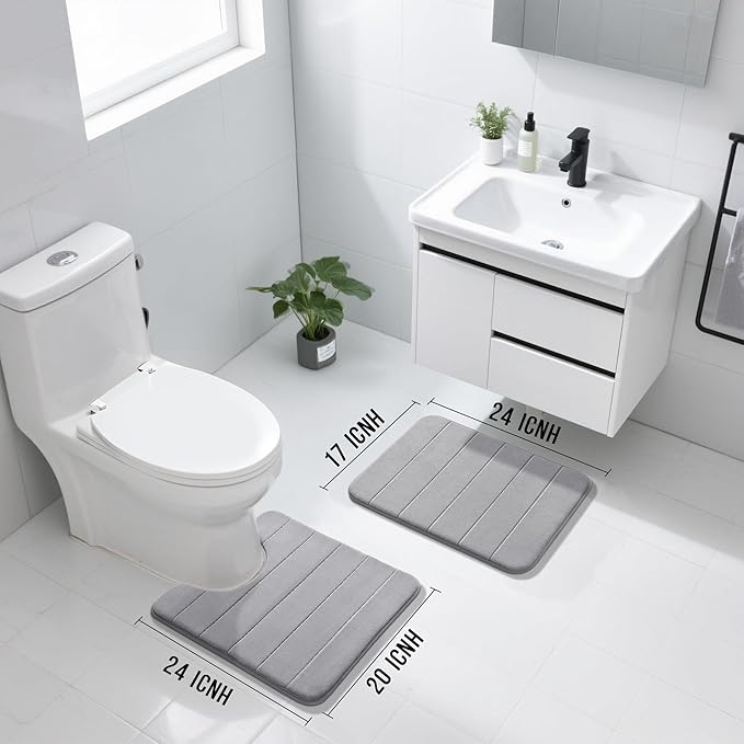 Yimobra U-Shaped Toilet Bath Mat Set 2 Piece - Super Soft Absorbent Quick Dry Memory Foam Bathroom Rugs, Machine Washable Non Slip Floor Carpet for Tub Shower & Single Sink (17x24 & 24x20, Gray)