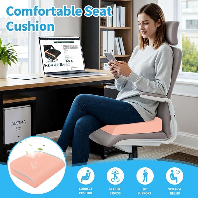 TranquilRelax 2XL Seat Cushion, Memory Foam Cushion for Long Sitting Hours on Office Chair, Car Seat, Non-Slip Chair Pad for Sciatica, Coccyx, Tailbone Pain Relief & Post-Surgery Recovery (Pink)