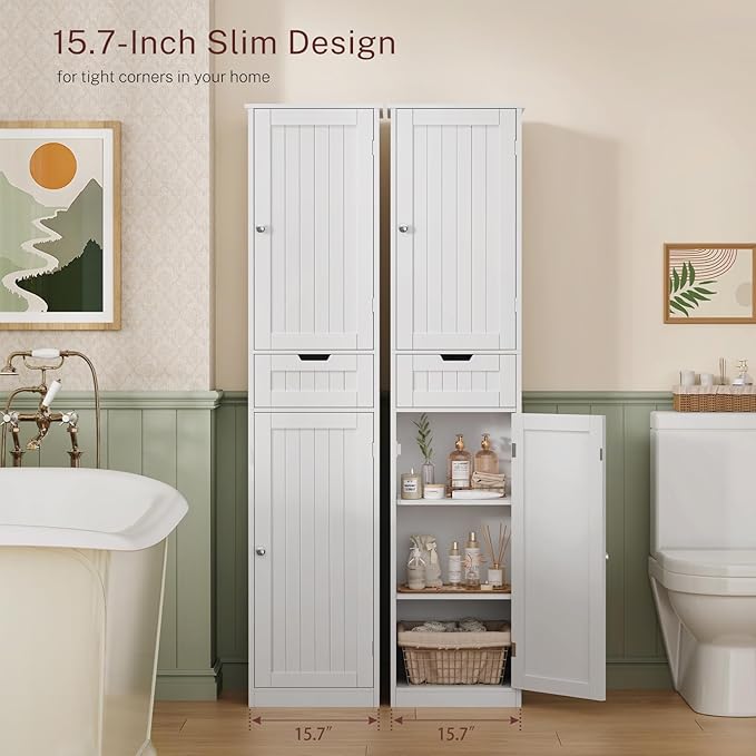 TEENFON 67" H Tall Bathroom Cabinet with 2 Doors & 1 Drawer, Narrow Bathroom Storage Cabinet with Adjustable Shelves, for Living Room, Entryway, Kitchen, White