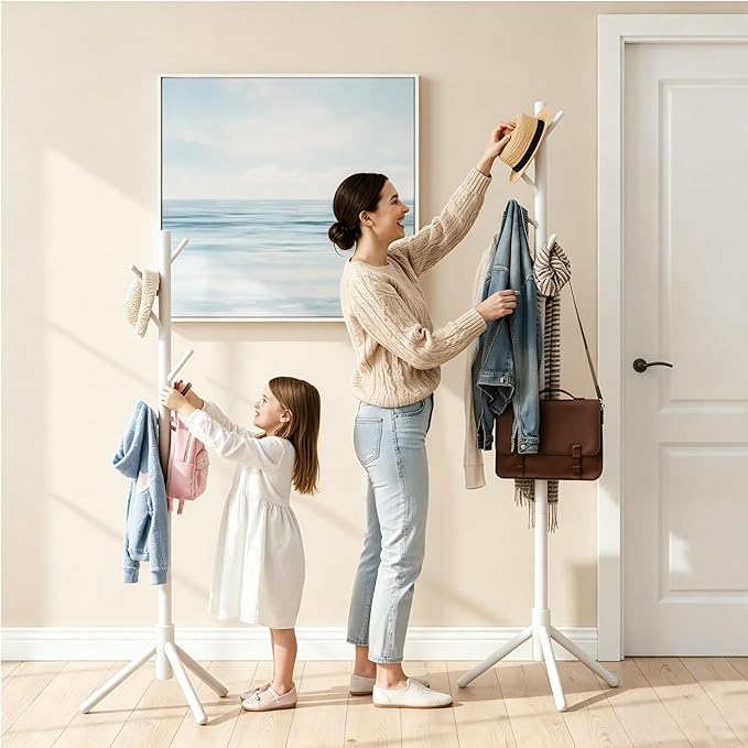 Wooden Coat Rack Freestanding with 8 Hooks & 3 Adjustable Sizes for Clothes, Space-Saving Design for Bedroom Office Entrance Holds Hats Coats Scarves Bags