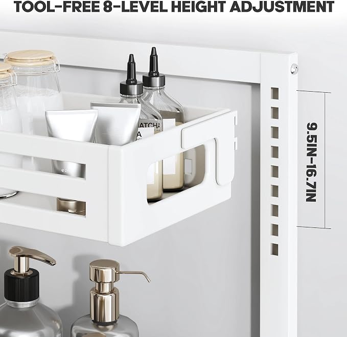 2 Pack 21IN-Depth Under Sink Organizer,Pull Out Cabinet Organizer With Smooth Cylindrical Rail,Metal Slide Out Drawer for Kitchen Bathroom Laundry,8-Level Tool Free Height Adjustable-White
