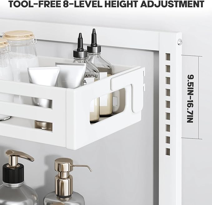 2 Pack Under Sink Organizer,Pull Out Cabinet Organizer With Smooth Cylindrical Rail,Metal Slide Out Drawer for Kitchen Bathroom Laundry Cabinet,8-Level Tool Free Height Adjustable-White