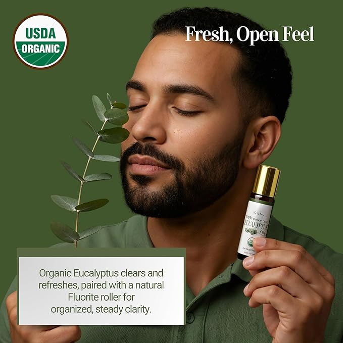 Eucalyptus Essential Oil Roll On for Sinus Congestion Headache - 100% Pure USDA Organic MCT Coconut Oil - Cooling Breathwork Chest Aromatherapy Mental Clarity Focus - Gemstone Roller 10ml Travel Size