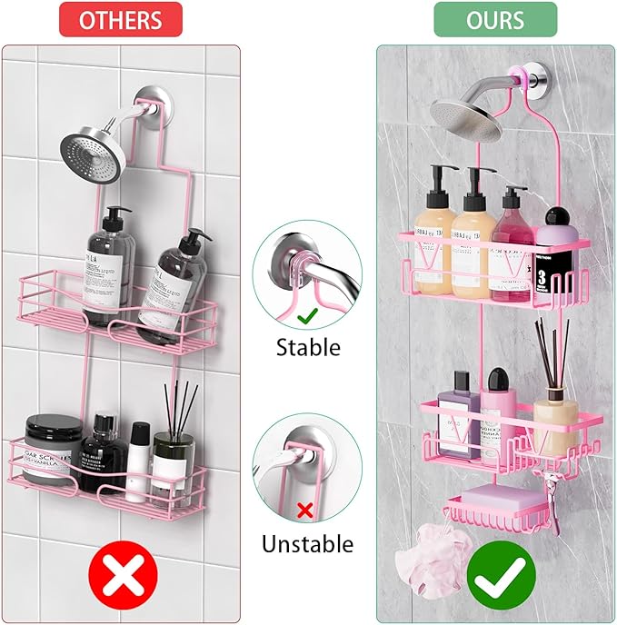 DAOYA Hanging Shower Caddy Over Shower Head, Anti-Swing Shower Organizer For Inside Shower With 2 Soap Holders, Multi Hooks, Rustproof Bathroom Accessories, Pink