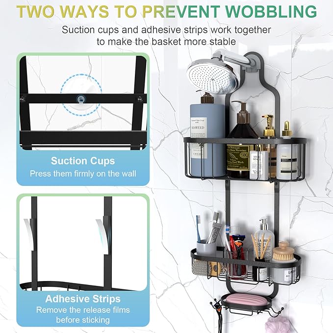 Shower Caddy Hanging, Bathroom Shower Rack, Bathroom Organizer with Soap Dish, Over The Showerhead Caddy with Hooks for Razor/Sponge, Black