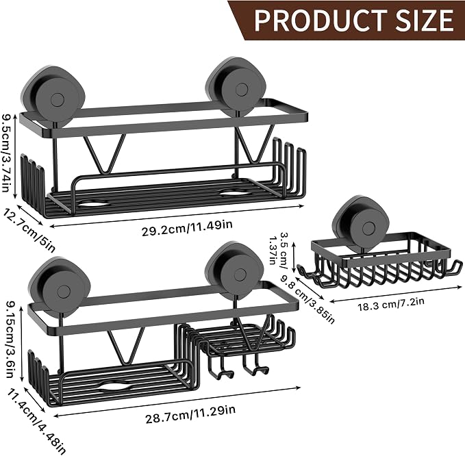 KEGII Shower Caddy Suction Cup, 3 Pack Removable Shower Shelves with Hooks & Soap Holder, No Drilling Bathroom Organizer, Waterproof Suction Storage for Inside Shower, Black
