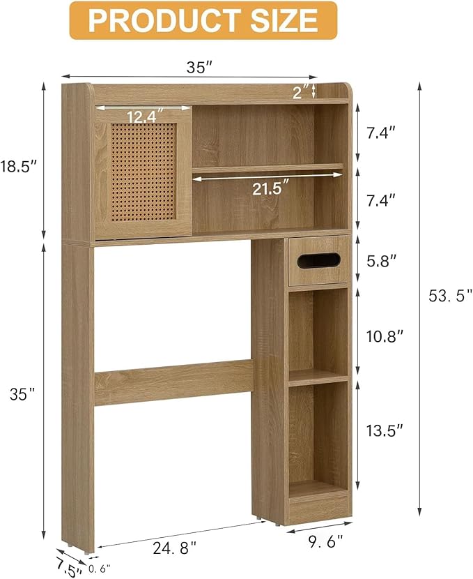SUNTAGE 6Tier Over The Toilet Storage Cabinet, Freestanding Above Toilet Space Saver Rack w/Adjustable Shelves, Sliding Door, Multifunctional Over Toilet Organizer for Bathroom (Burlywood)