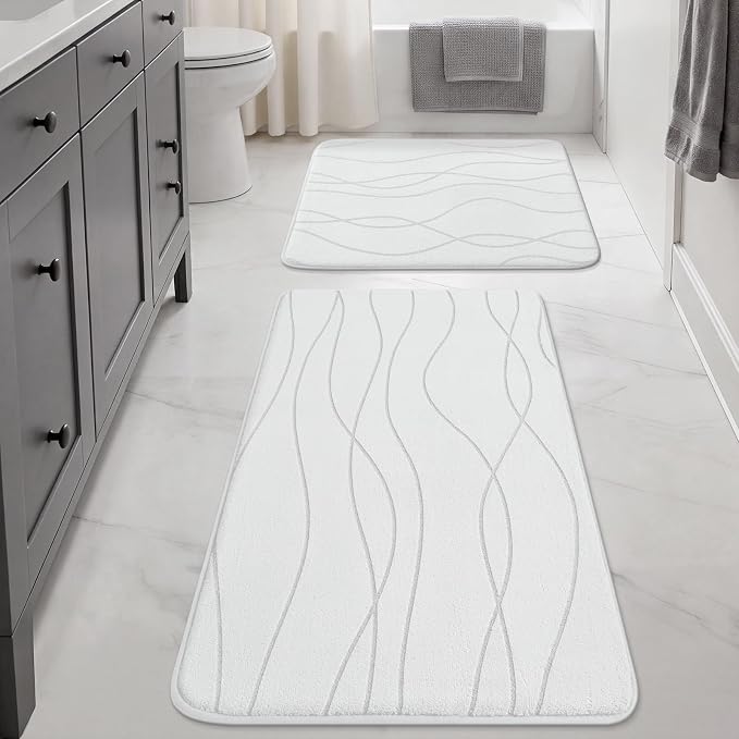 YIHOUSE Memory Foam Bathroom Rug Sets, White, 2 Piece (17"x24"+20"x32") | Ultra Soft, Absorbent, Non-Slip, Machine Washable