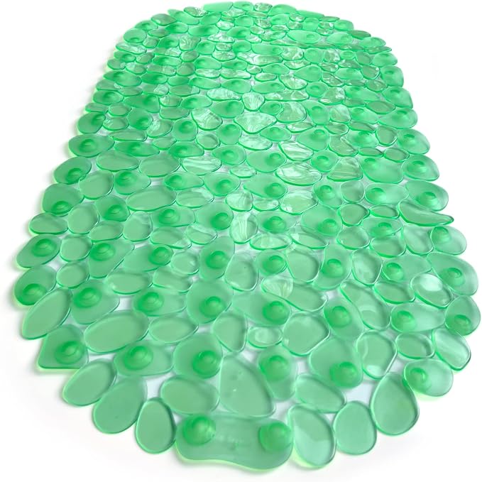 “Pebbles” Non-Slip Bathtub & Shower Mat 27”x14” Oval - Non-Toxic - Safe, Clean, Machine-Washable, Superior Grip & Drainage, Vinyl, for Smooth Floors ONLY, Transparent Light Green