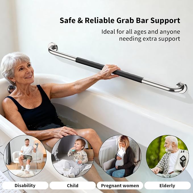 Chrome Bathroom Grab Bar 32 inch, iMomwee Stainless Steel Anti-Slip Shower Handrail for Elderly, Wall Mounted Safety Handicap Bars, Balanced Support Handle Bar for Senior