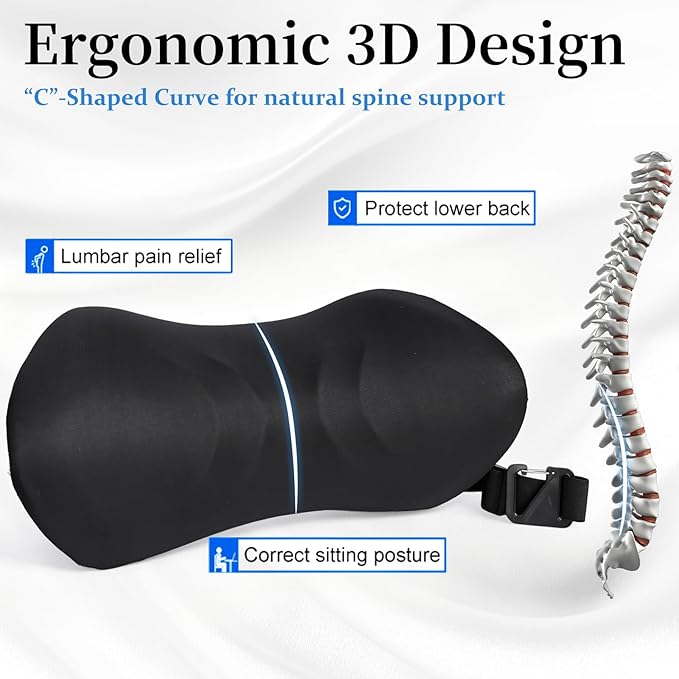 Lumbar Support Pillow for Office Chair - Lumbar Pillow for Car - Ergonomic Lumbar Support Pillow for Car Automotive Seat Cushions (Classic Black)