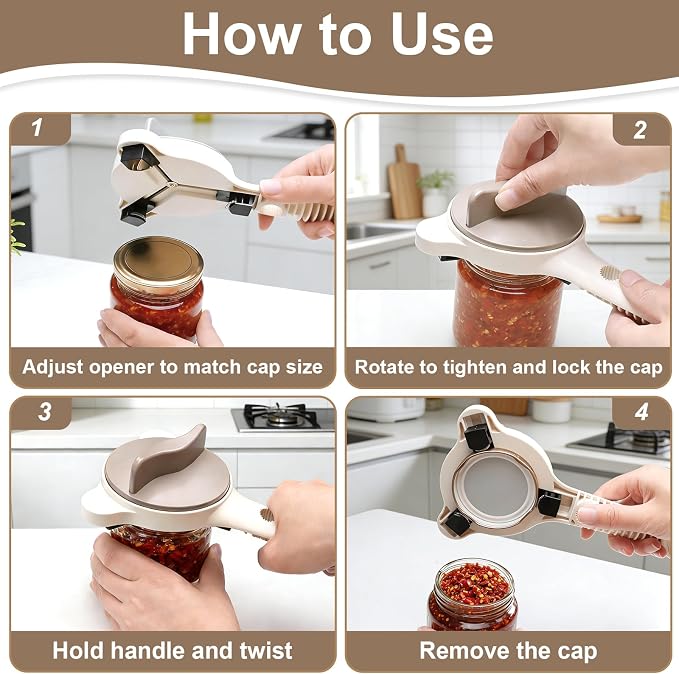 Multi-Functional 4-in-1 Jar Opener, Adjustable Stainless Steel Bottle Opener for Multi Size Jar Bottles with Ergonomic Non-Slip Handle Grip, Kitchen Helper for Seniors Weak Hands Arthritis