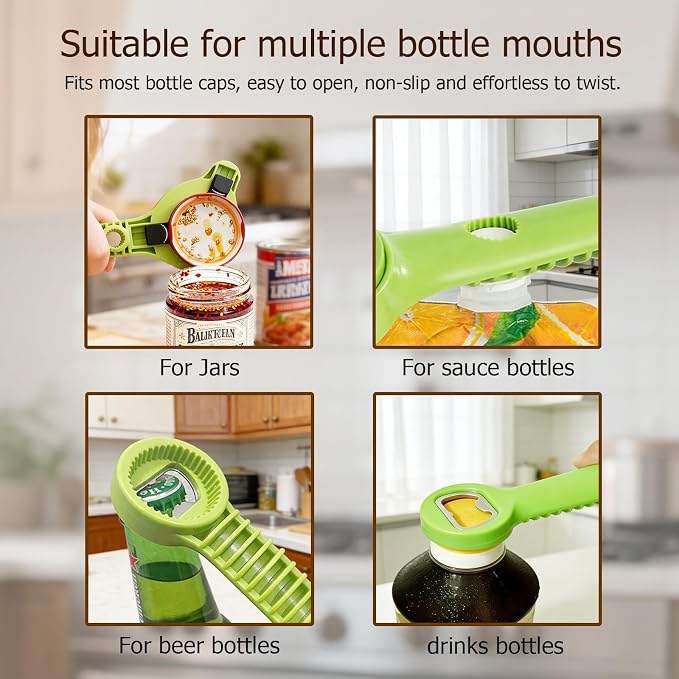 4-in-1 Jar Opener, Adjustable Jar Opener for Seniors, Kitchen Tool Designed Specifically for Seniors and Those with Limited Physical Strength, Suitable For Beer, Salad Dressing, Jar (Green)