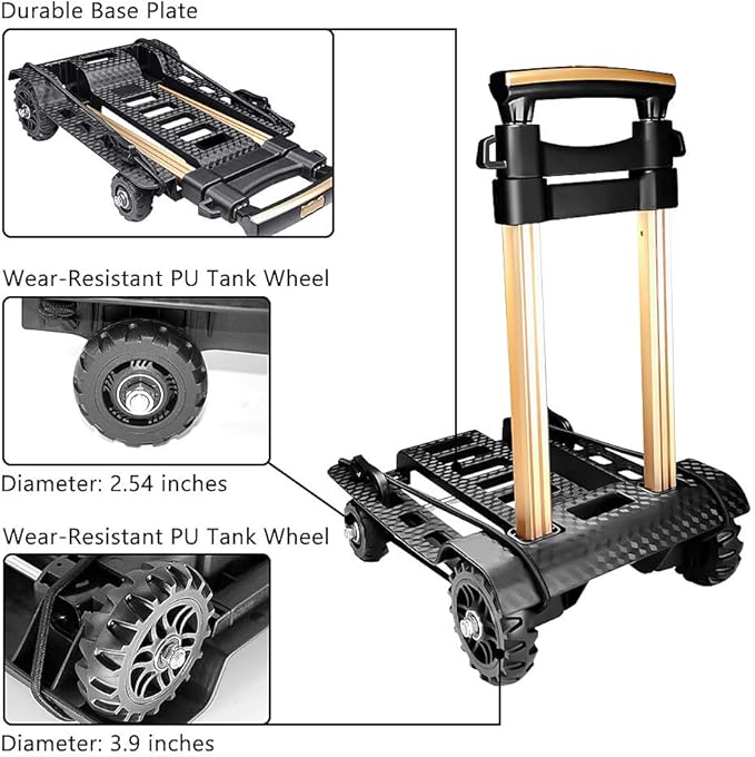 Folding Hand Truck Portable Dolly Compact Utility Luggage Cart with 70Kg/155Lbs Heavy Duty 4 Wheels Solid Construction Adjustable Handle for Moving Travel Shopping Office Use (Black)