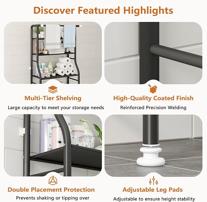 UDEAR 3-Tier Over The Toilet Rack,Bathroom Shelf Space Saver,Corner Stand Storage Organizer Accessories,the Washing Machine,with Hanging Rod,Tower Shelf,Black