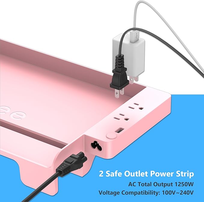 Hiree Bedside Shelf for Dorm Bunk Bed with USB Charging Port and 2 AC Outlets, Bed Side Table Tray Organizer, College Dorm Essential, Clip On Bedside Tray, Cool Teen Girls Trendy Stuff (Pink)