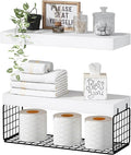 QEEIG Bathroom Shelves Over Toilet - Wall Mounted Floating Shelves Toilet Paper Storage Small Farmhouse Decor Shelf 16 inch Set of 2, White and Black (019-WB2)